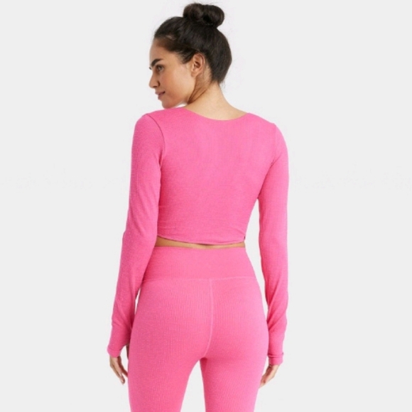 JoyLab Women's Wear 2 Ways Long Sleeve Cropped Top & Flare Leggings ~ Pink - Picture 4 of 16